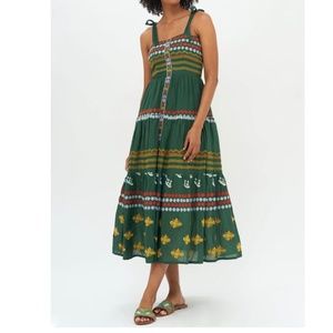 Oliphant - Tie Strap Embroidered Midi Dress - Lucknow Green size Medium NWT